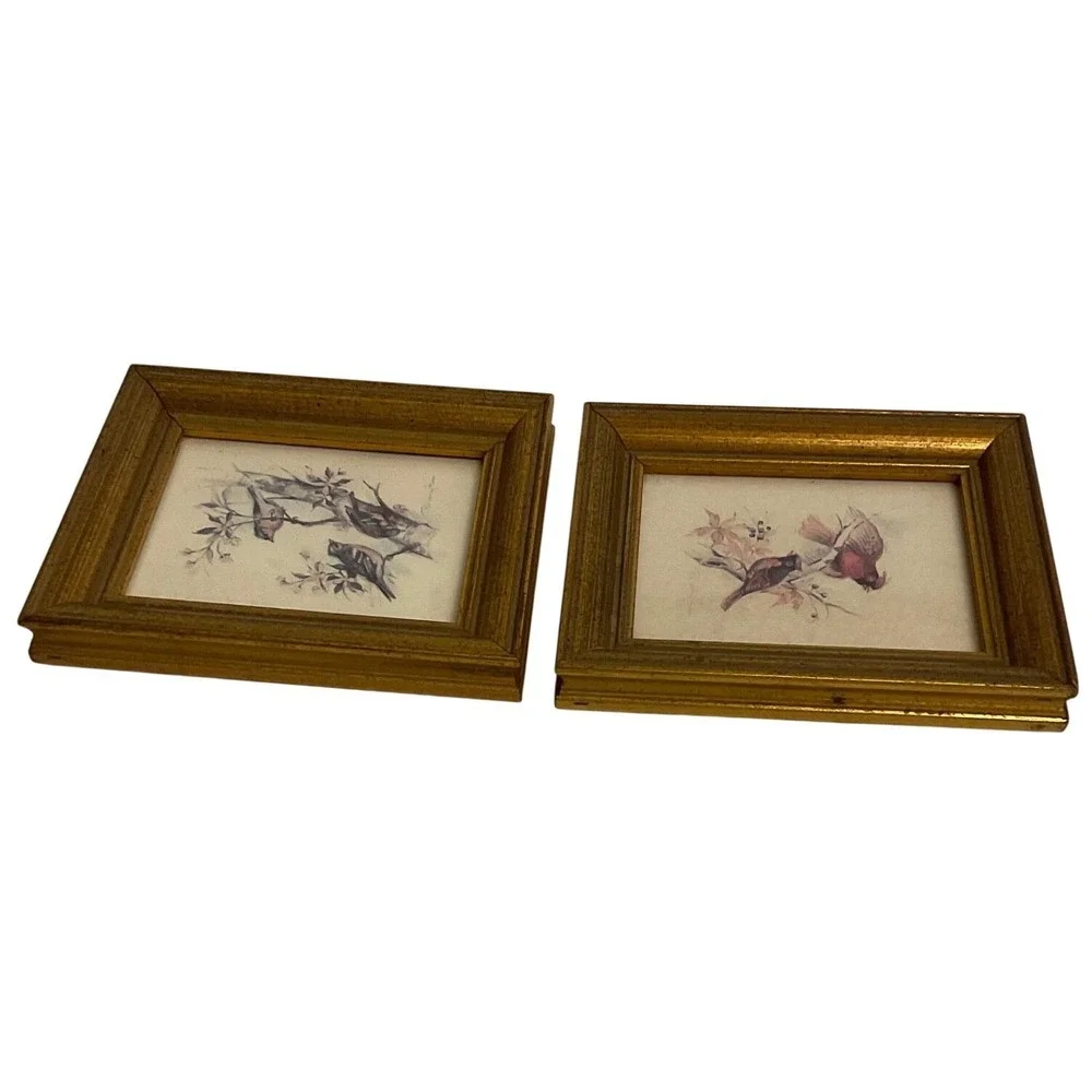 Vintage Paul Whitney Hunter Framed Bird Prints Set of 2 Cardinals Songbirds Gold